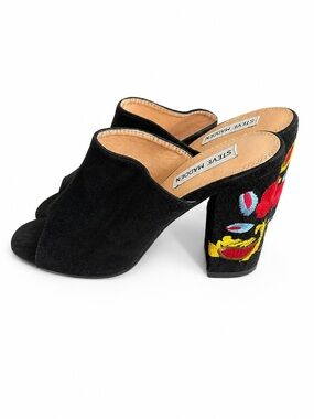 Steve Madden Black Suede Embroidered Floral Block Heel Mules Size 8.5 (EU 39)